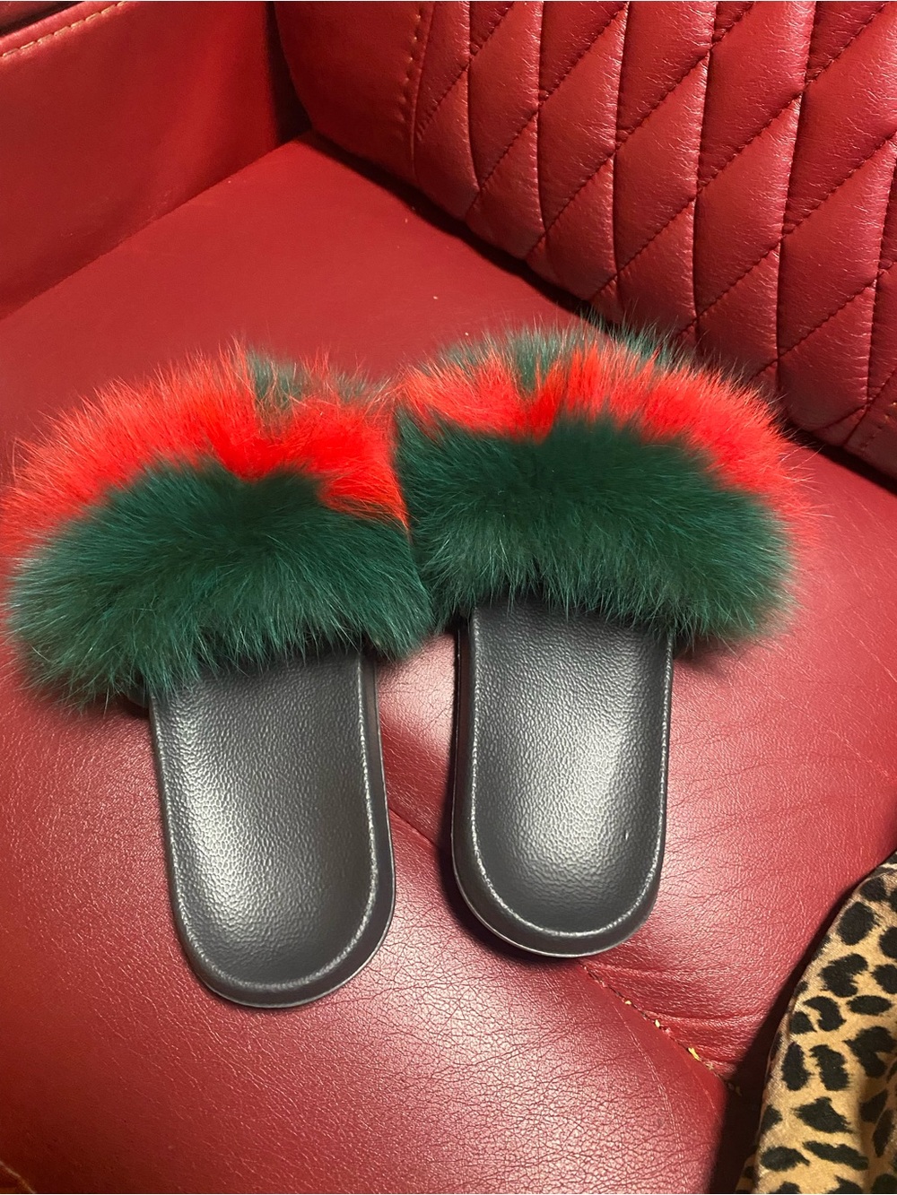 Plush Green & Red Faux Fur Slide Sandals women’s 10.5